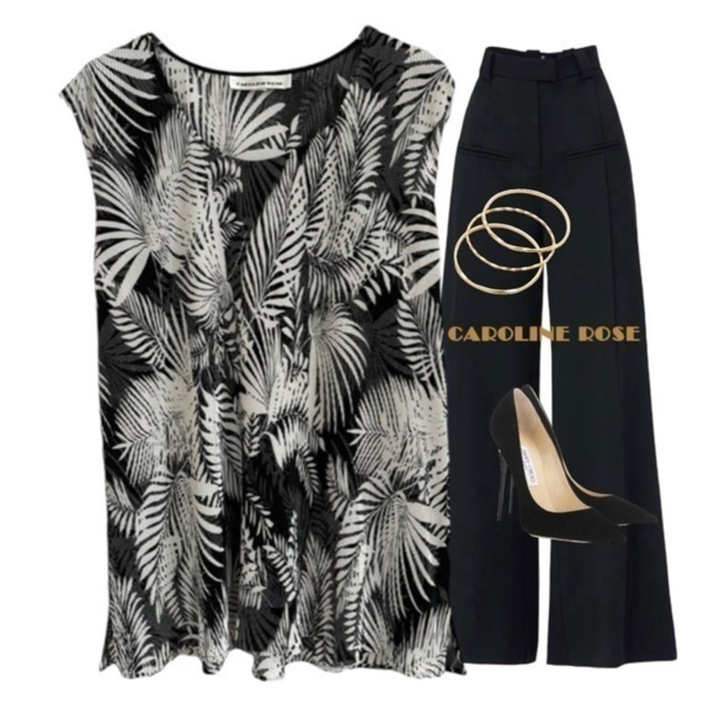 CAROLINE ROSE BLACK WHITE CRINKLE PALM PRINT SHELL SLEEVELESS TOP SZ 4X